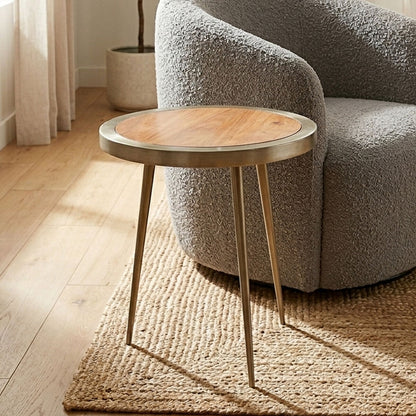 Natural Acacia Wood Round Side Table with Gold Aluminium Border and Legs | Almora