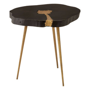 Asamra Black Acacia Wood Live Edge Side Table with Gold Finish Legs