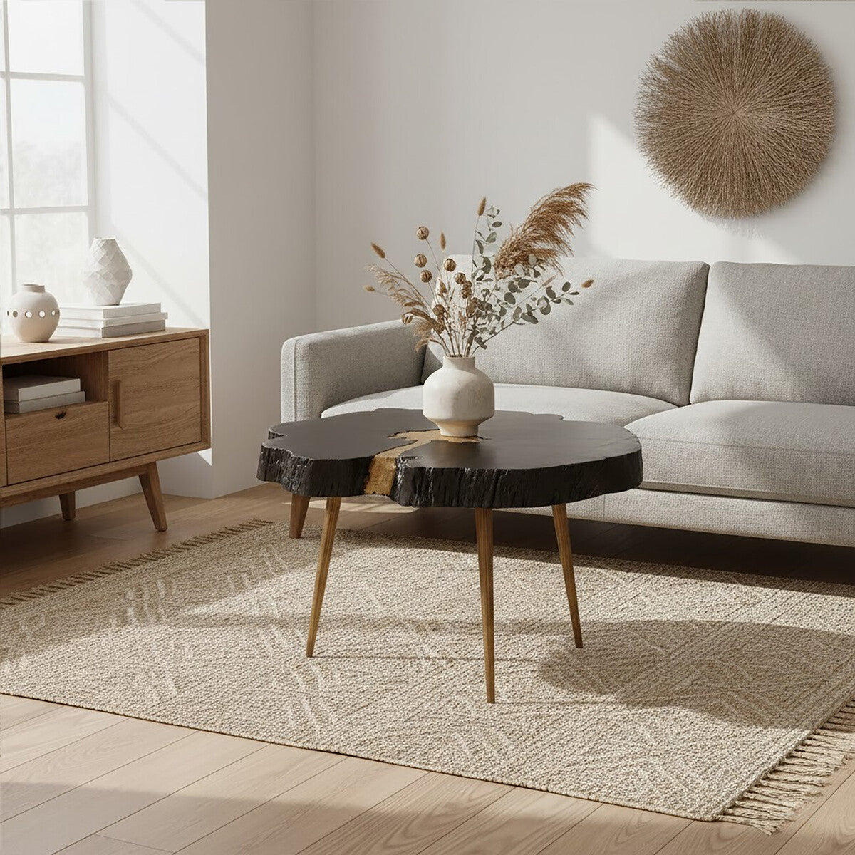 Modern living room with a gray sofa, wooden coffee table, and decorative elements.