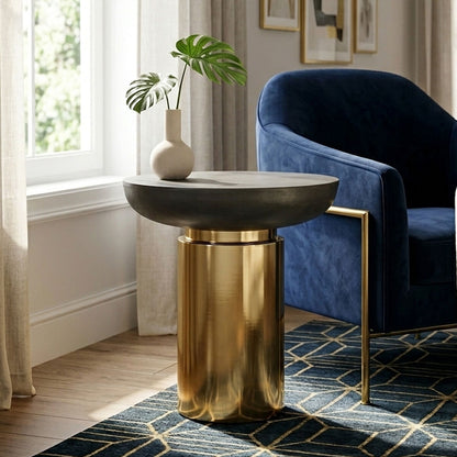 Black Metal Top Side Table with Gold Round Metallic Column Base | Kensington Townhouse