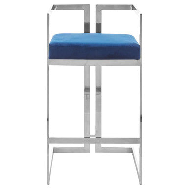 Bar stool with blue cushion and metallic frame on a white background