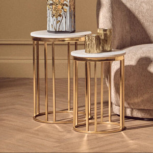 Templar White Marble and Gold Finish Set of 2 Side Tables