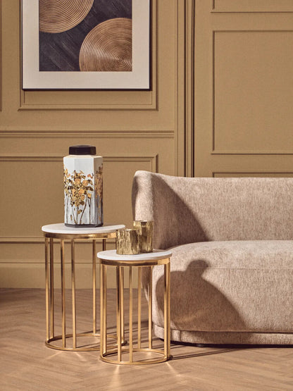Set of 2 Round White Marble Tops Side Tables with Rich Gold Metal Frame, Templar