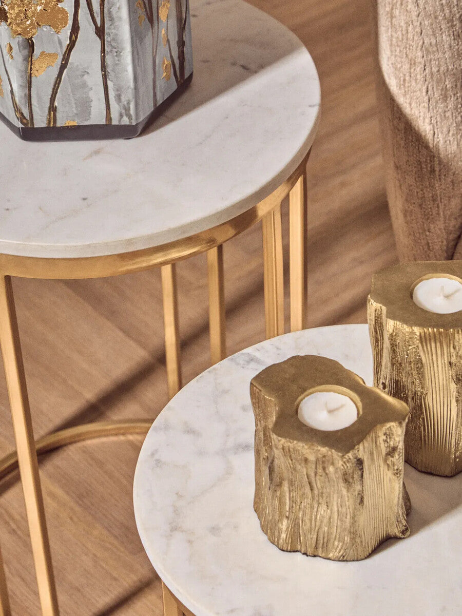 Set of 2 Round White Marble Tops Side Tables with Rich Gold Metal Frame, Templar