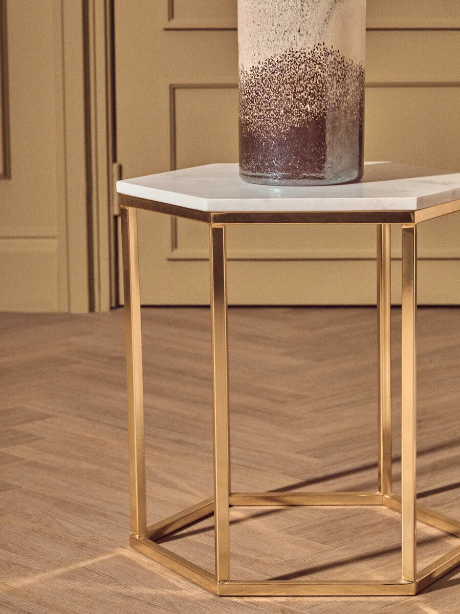 White Marble Tops Hexagonal Side Tables with Gold Finish Metal Frame, Templar