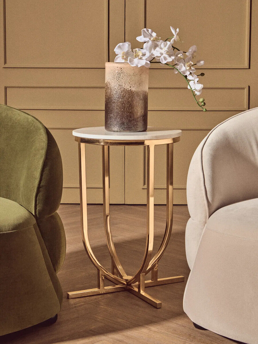 White Marble Tops Round Side Tables with Gold Finish Metal Frame, Templar
