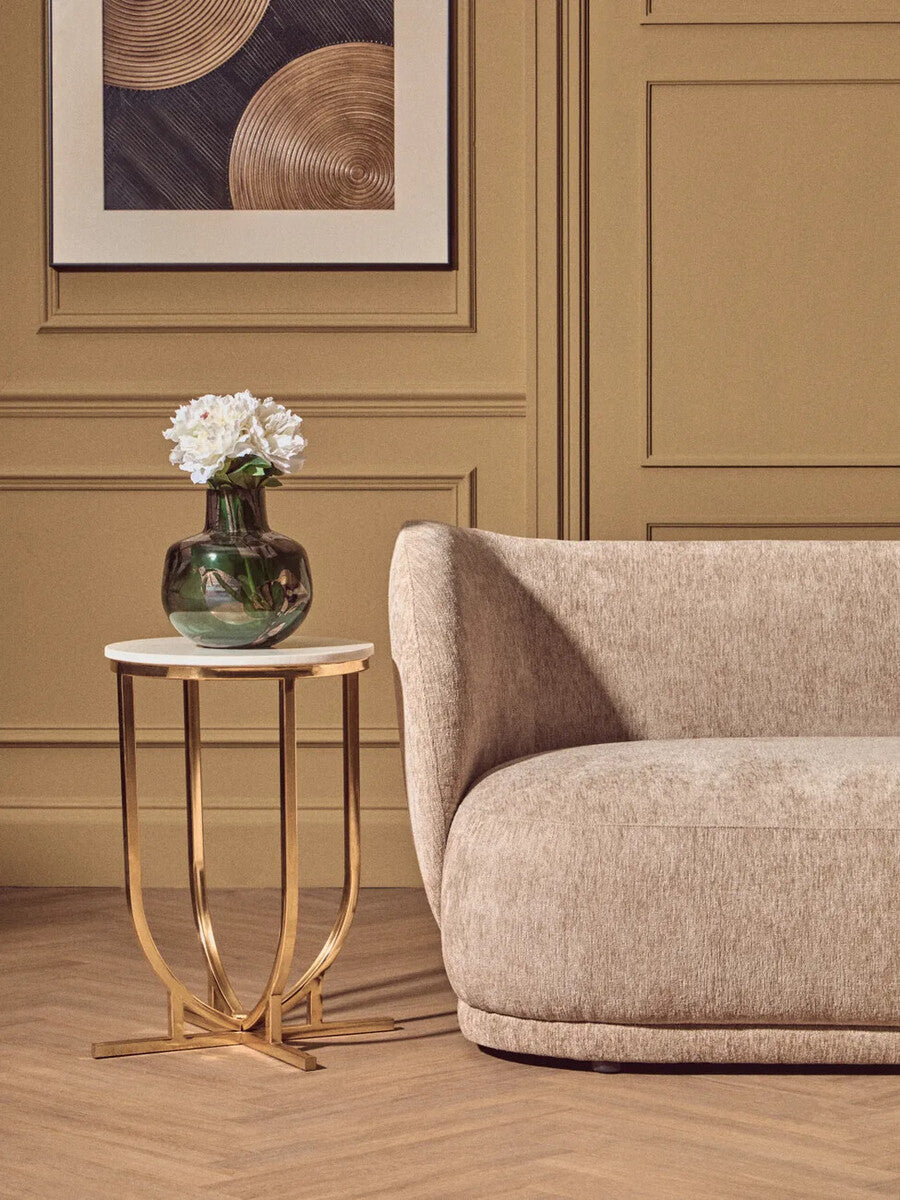 White Marble Tops Round Side Tables with Gold Finish Metal Frame, Templar
