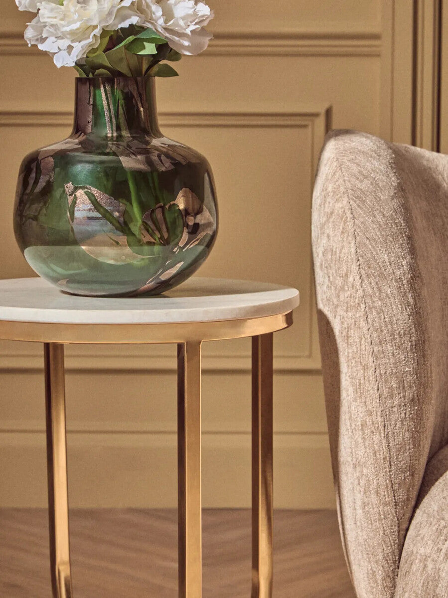 White Marble Tops Round Side Tables with Gold Finish Metal Frame, Templar