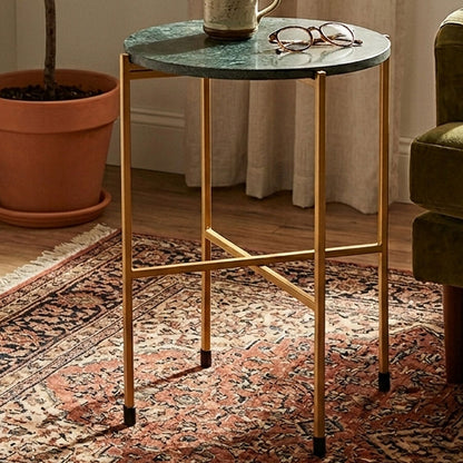 Large Green Marble Top Round Side Table with Warm Gold Stainless Steel Base | Templar