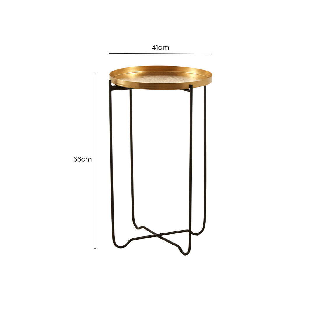 Gold Finish Round Top Side Table with Black Slim Metallic Frame and Intersecting Sledge Base, Templar