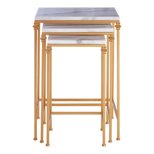 Avantis Gold Finish Set of 3 Nesting Square Tables with White Marble Tops