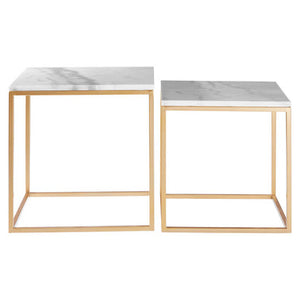 Avantis Gold Finish Set of 2 Square Side Tables with White Marble Tops