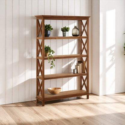 Wooden bookshelf with decorative items against a white paneled wall.