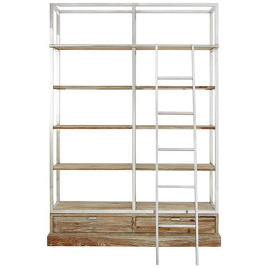 Bookshelf with wooden shelves and a metal ladder on a white background