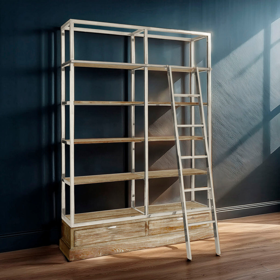 Wooden bookshelf with ladder against a dark wall