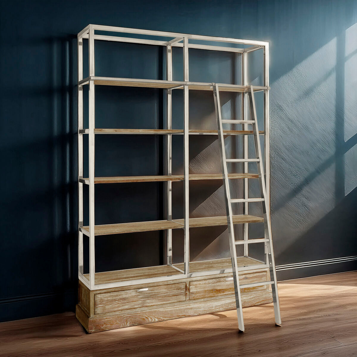 Wooden bookshelf with ladder against a dark wall