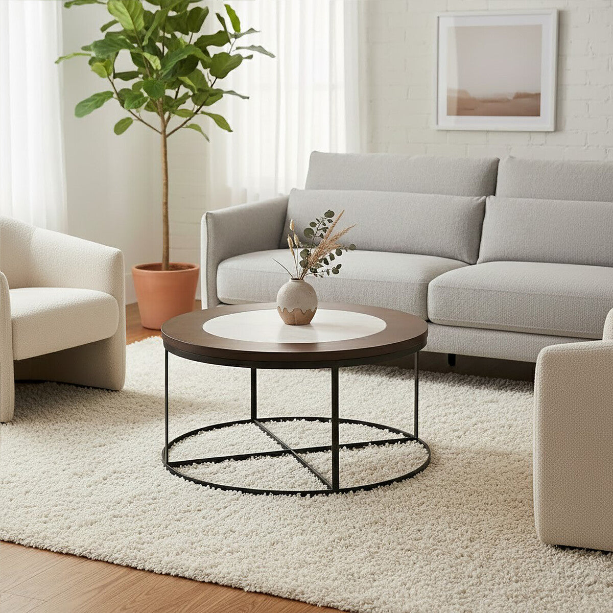 Vasco Wood and Marble Top Coffee Table with Black Iron Base