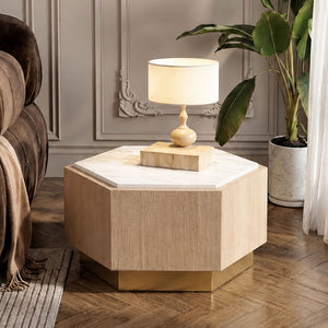 White Marble Top Hexagonal Small Side Table with Whitewash Oak Body and Gold Finish Base, Villi