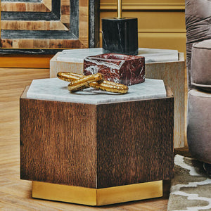 Dark Oak Hexagon Wood Side Table with White and Grey Marble Top and Gold Finish Metallic Base, Villi
