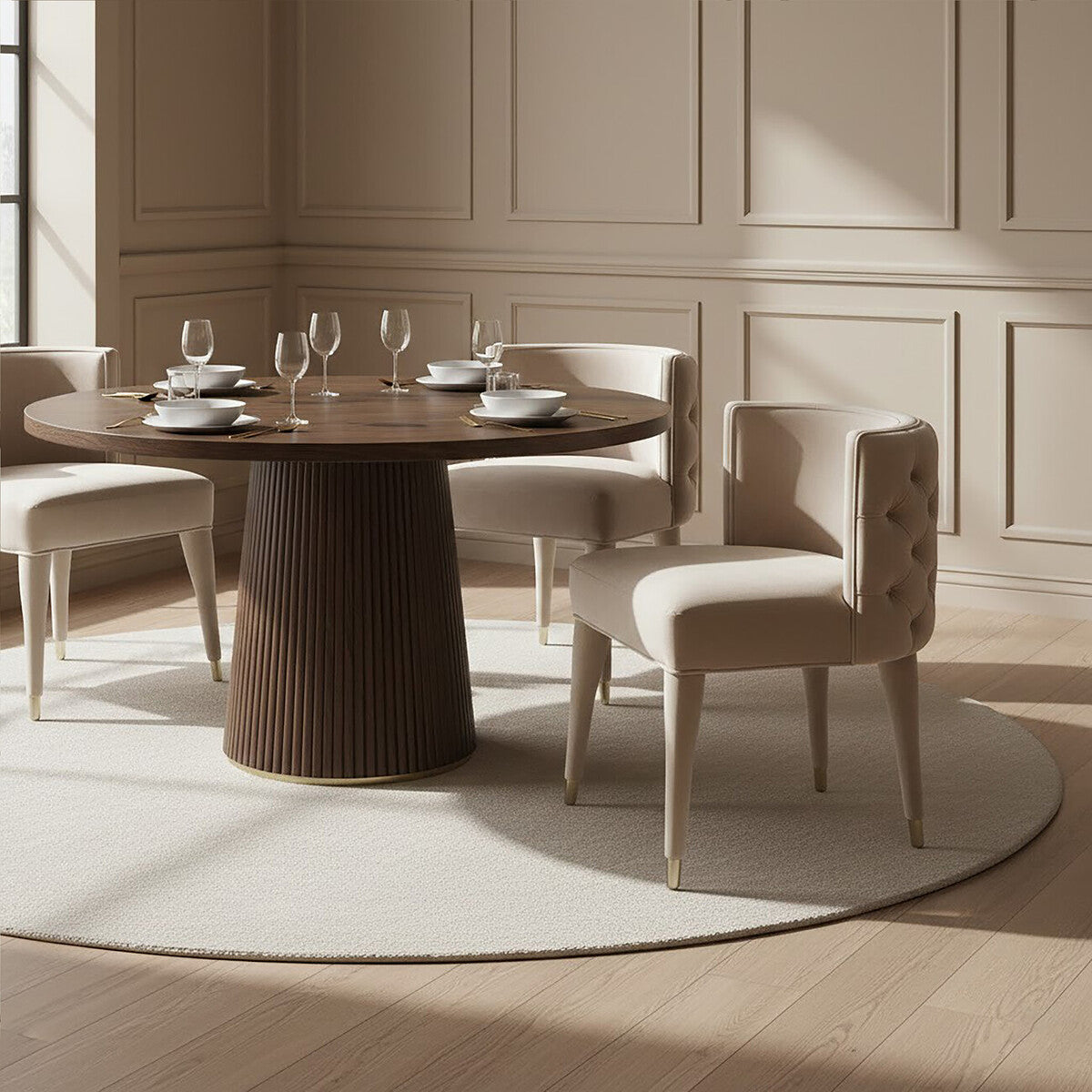 Villi Beige Velvet Tufted Curved Dining Chair - Image 3