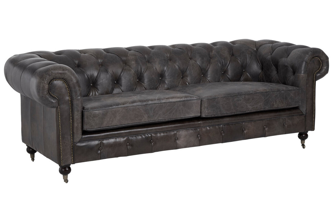 3 Seater Dark Grey Brown Leather Chesterfield Sofa, Victor - Image 3