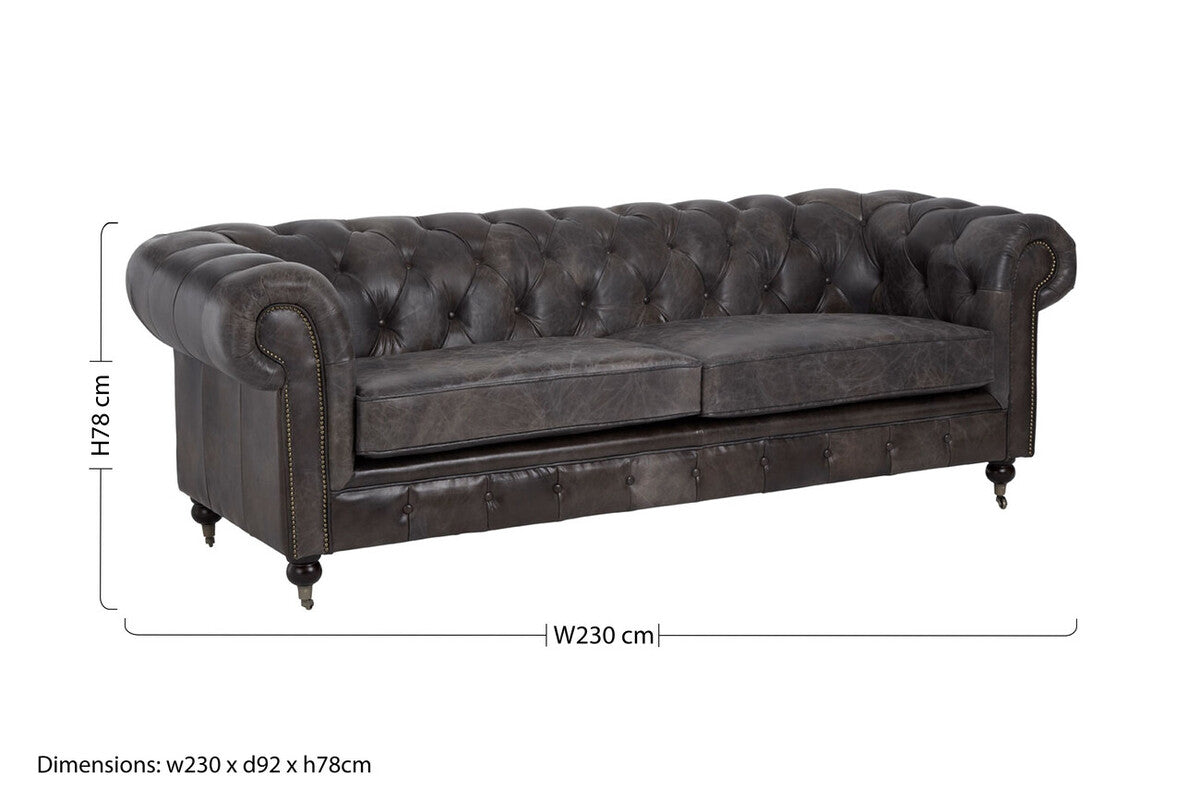3 Seater Dark Grey Brown Leather Chesterfield Sofa, Victor - Image 21