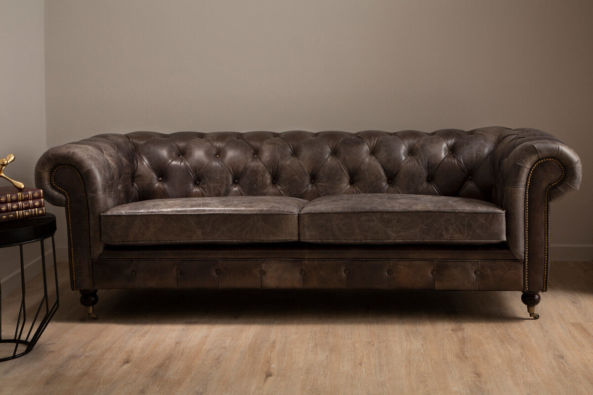 3 Seater Dark Grey Brown Leather Chesterfield Sofa, Victor - Image 7