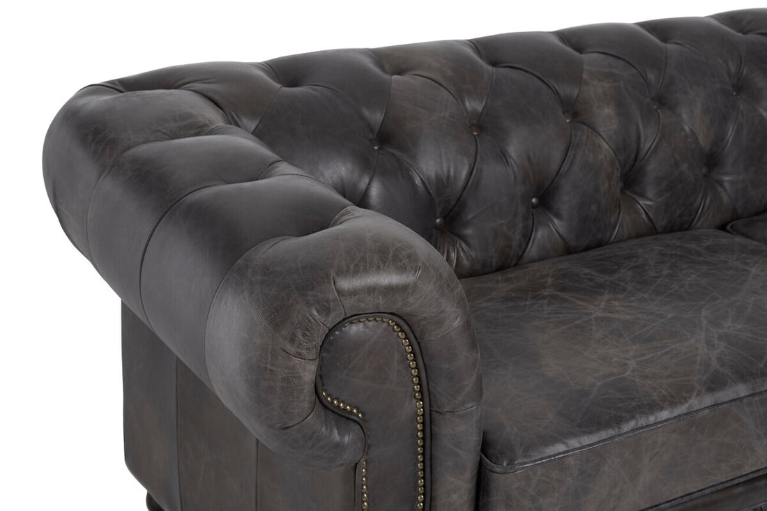 3 Seater Dark Grey Brown Leather Chesterfield Sofa, Victor - Image 13