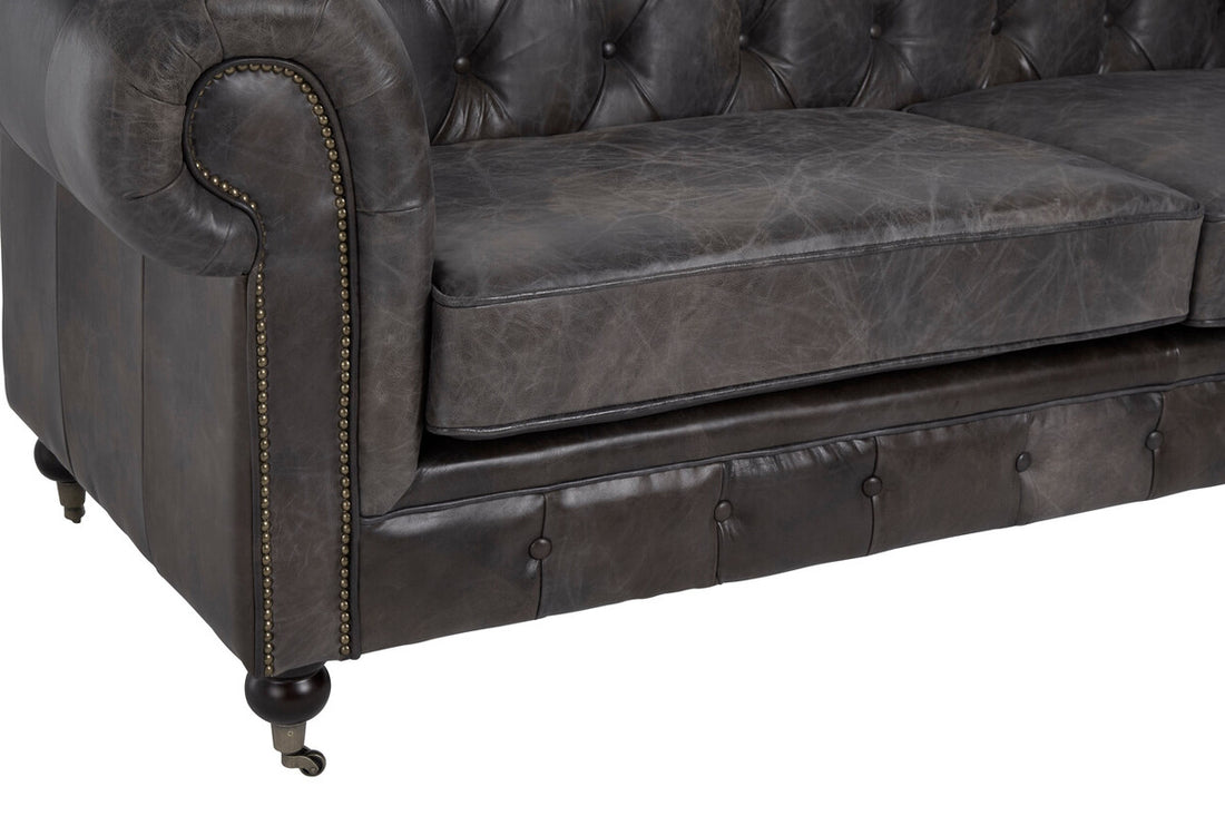 3 Seater Dark Grey Brown Leather Chesterfield Sofa, Victor - Image 15