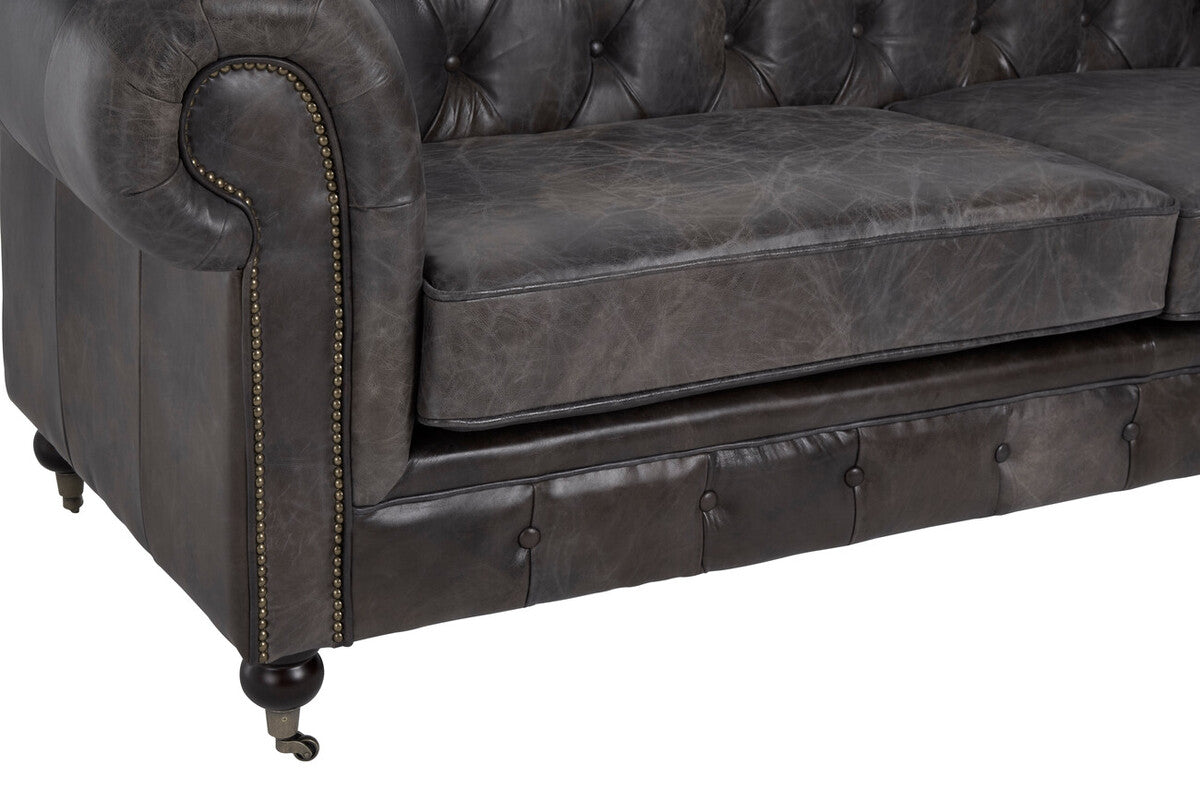 3 Seater Dark Grey Brown Leather Chesterfield Sofa, Victor - Image 15