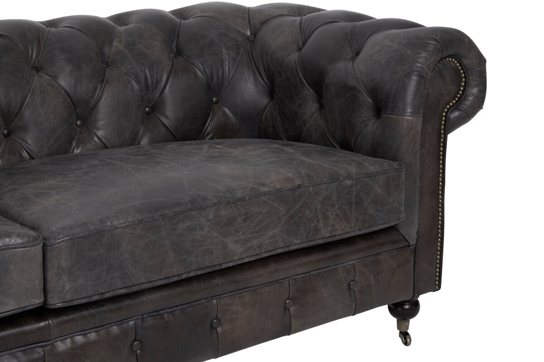 3 Seater Dark Grey Brown Leather Chesterfield Sofa, Victor - Image 16