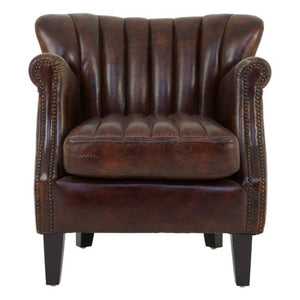 Victor Brown Leather Channel Tufted Winged Armchair