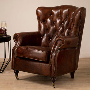 Victor Brown Leather Button Tufted Armchair