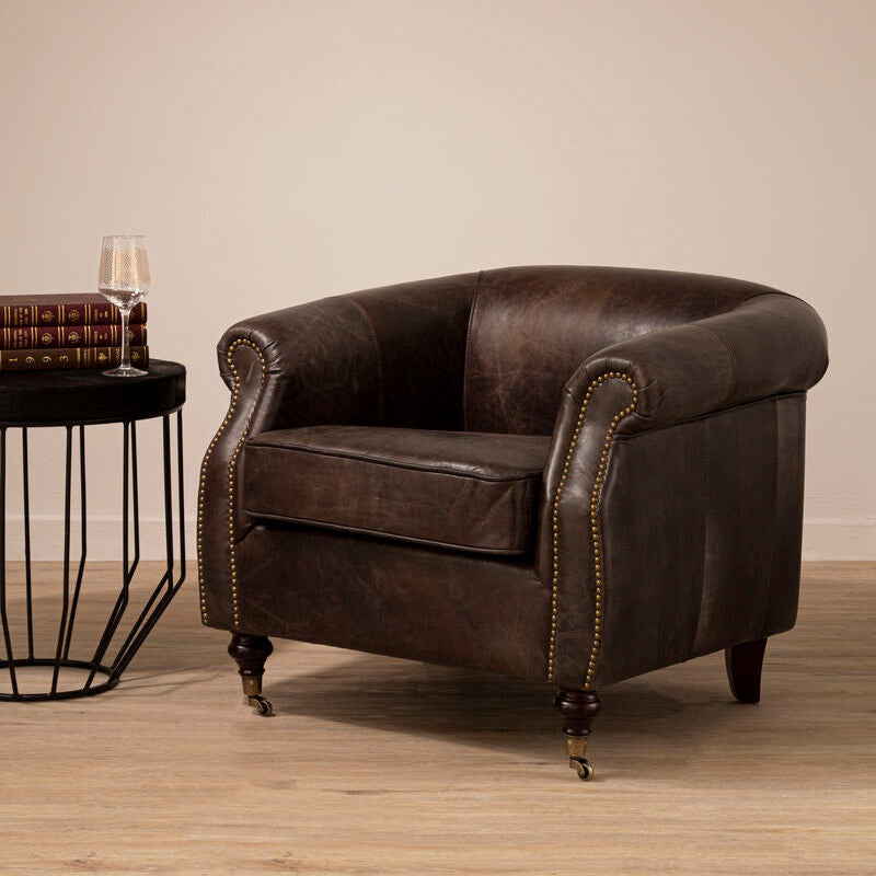 Victor Dark Grey Brown Leather Curved Armchair
