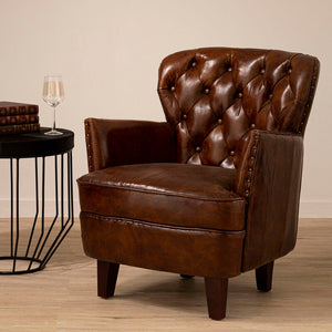 Victor Brown Leather Button Tufted Armchair
