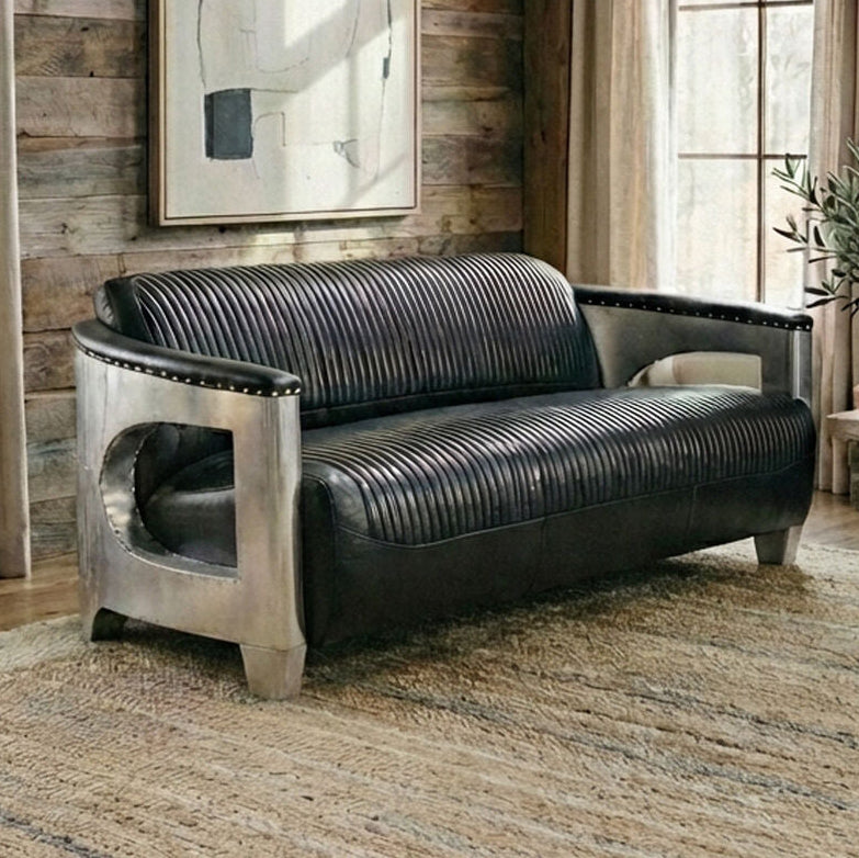 3 Seater Black Leather Sofa, Victor