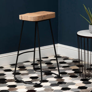 Lyon Oak Wood and Black Metal Bar Stool