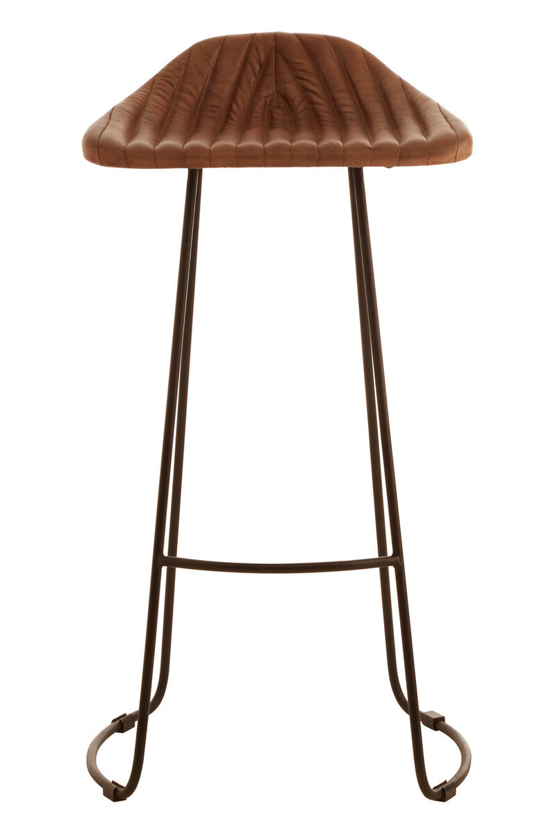 Brown leather bar stool with metal legs on a white background