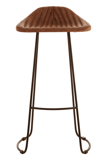 Brown leather bar stool with metal legs on a white background