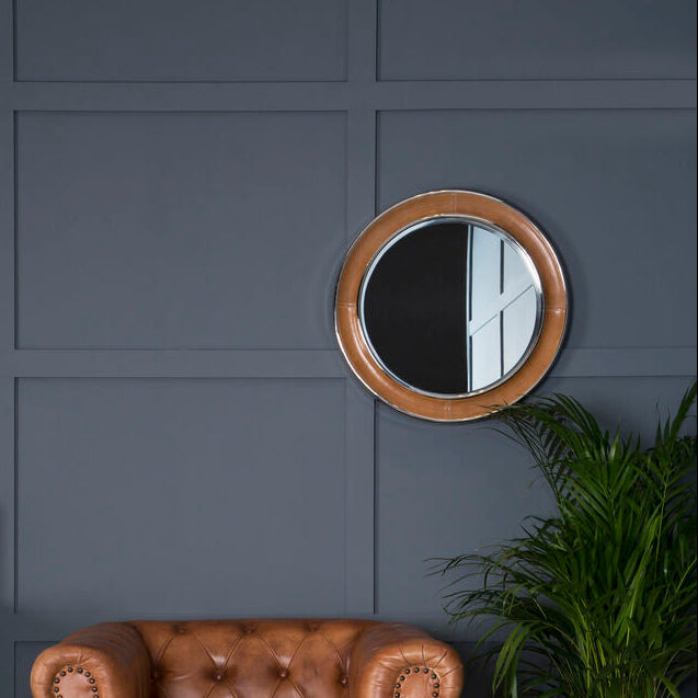 Churchill Tan Genuine Leather Round Wall Mirror