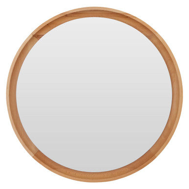 Round mirror with a wooden frame on a white background