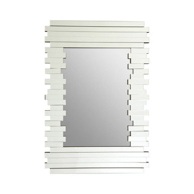 Rectangular mirror with a white, stacked tile frame on a white background