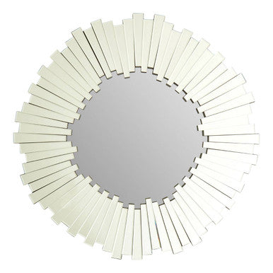Round mirror with a decorative white frame on a white background
