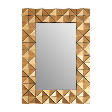 Rectangular mirror with a geometric wooden frame on a white background