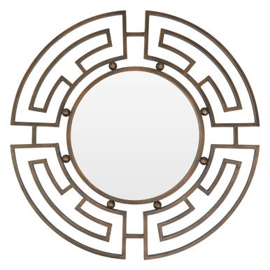 Decorative circular mirror with geometric pattern on a white background