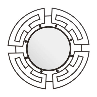 Decorative circular mirror with intricate geometric design on a white background