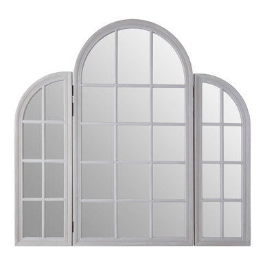 Gray arched window-style screen on a white background