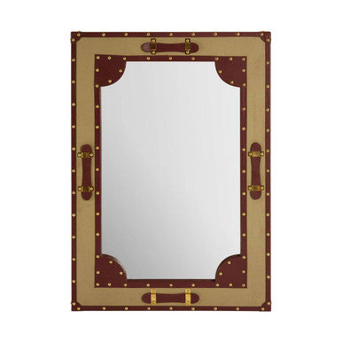 Rectangular mirror with decorative brown frame on a white background