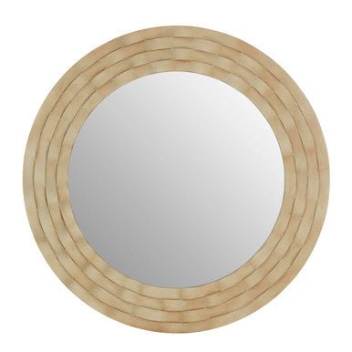 Round wooden-framed mirror on a white background