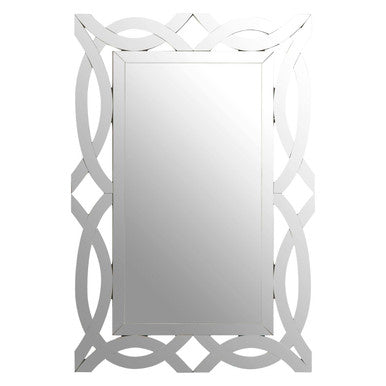 Decorative wall mirror with intricate silver frame on a white background